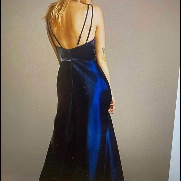 David’s Bridal V neck Satin Ballgown with Rhinestone Crystal Straps - Picture 2 of 4